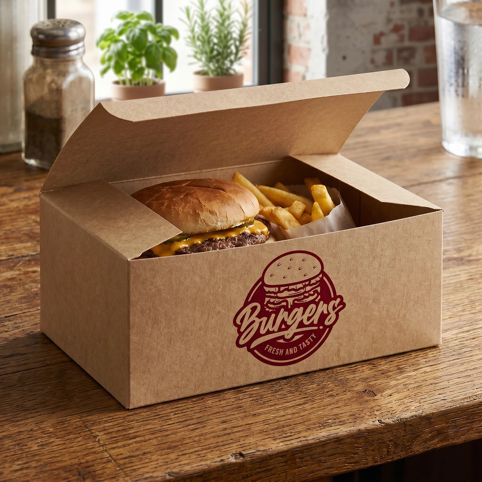 Cajas Personalizadas para Menús de Hamburguesa – Fondo Automático – Plegables – Kraft