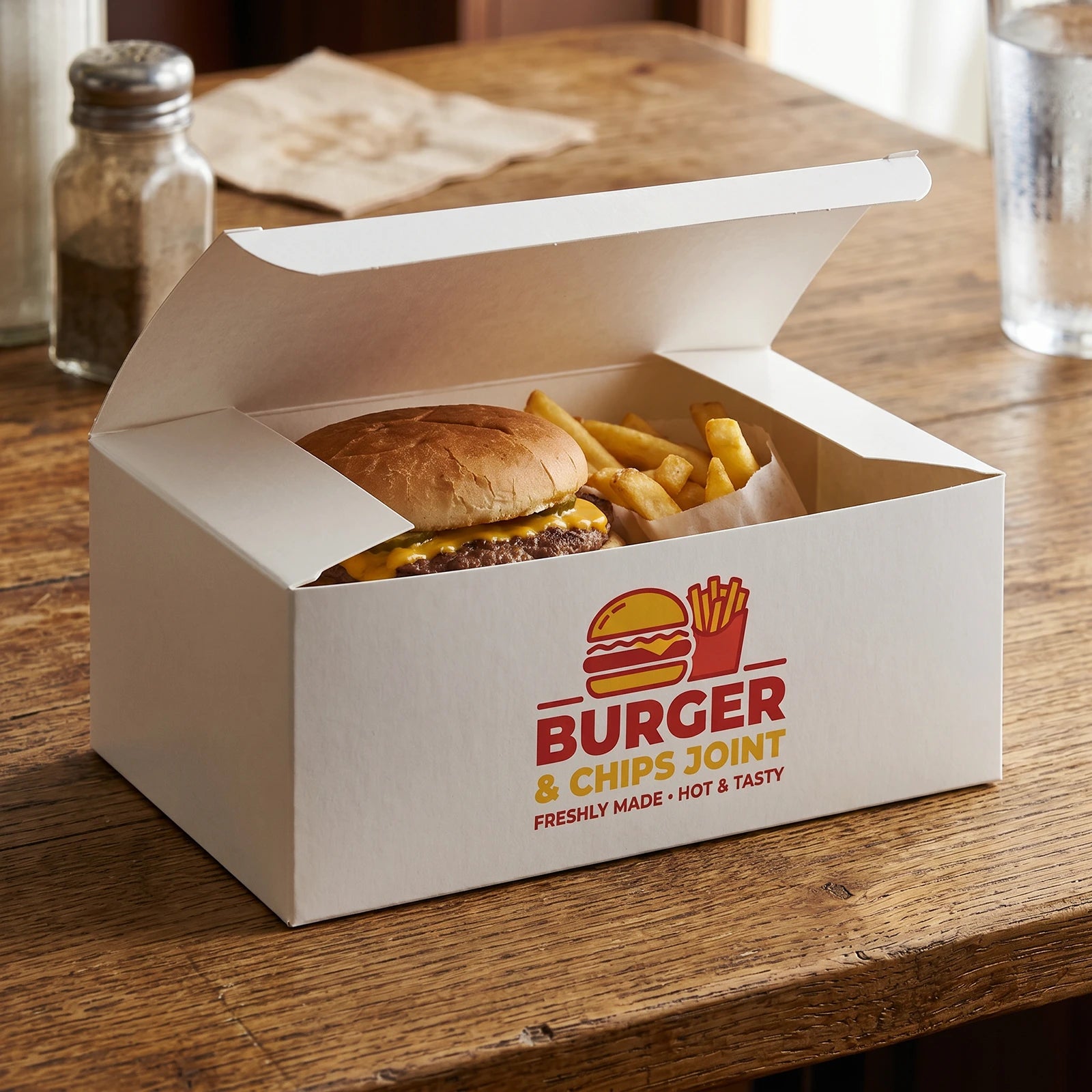 Cajas Personalizadas para Menús de Hamburguesa – Fondo Automático – Plegables – Blanco